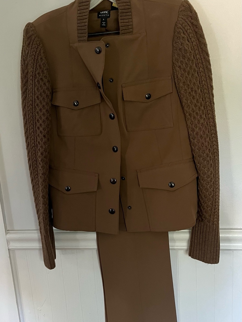 Worth Brown Mixed-Media Utility Blazer with Knit Sleeves